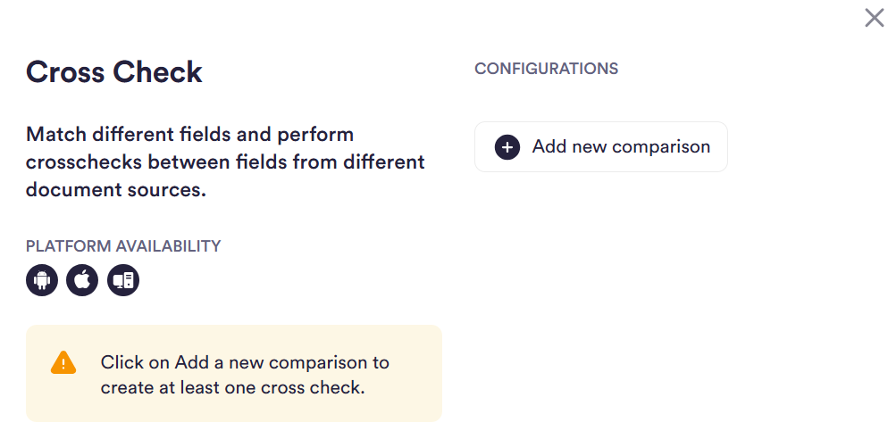 Image of the Cross Check module's configuration page. Has an Add new comparison button.