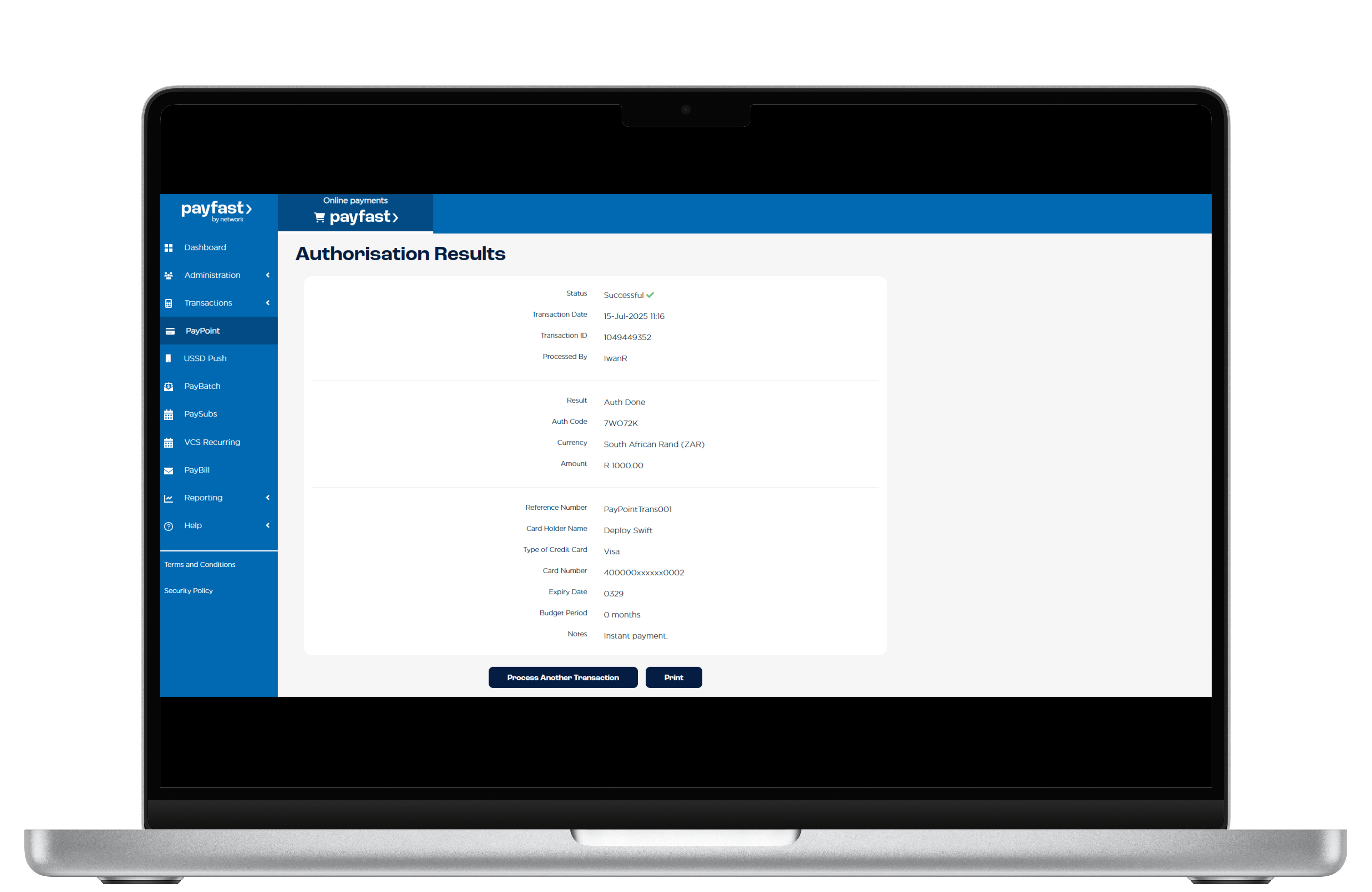 View the PayPoint instant transaction results and print them to save on record.