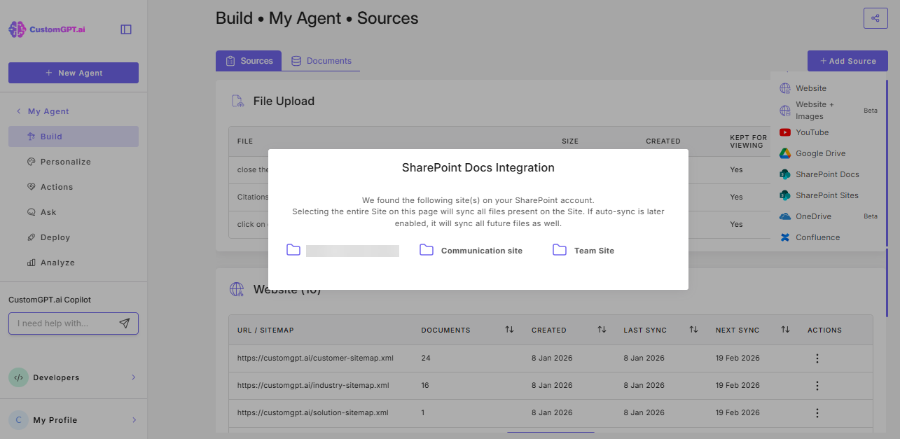 sharepoint site selection screen