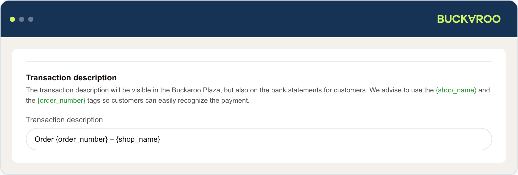 Buckaroo CCV Shop app setting for the transaction description