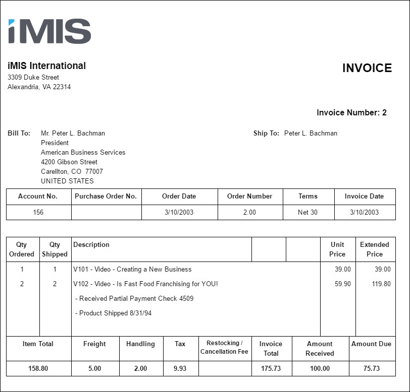 Viewing the Order Invoice report example