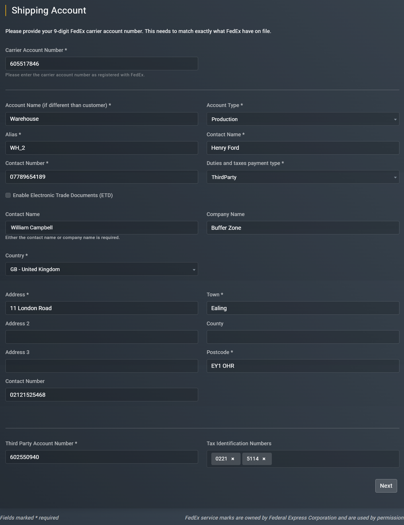 Specifying shipping account details