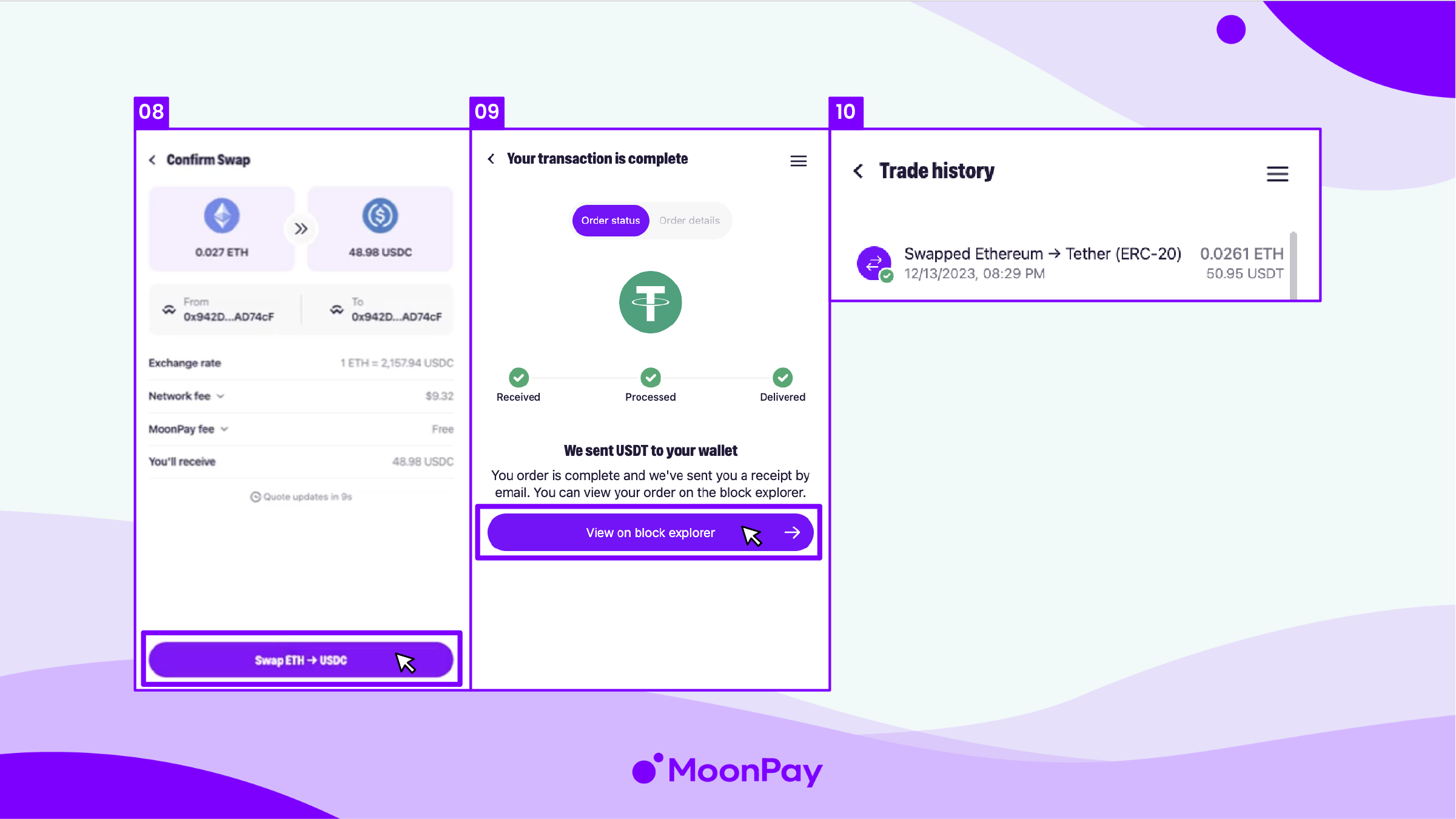 Steps 8-10 on the MoonPay website on how to swap.