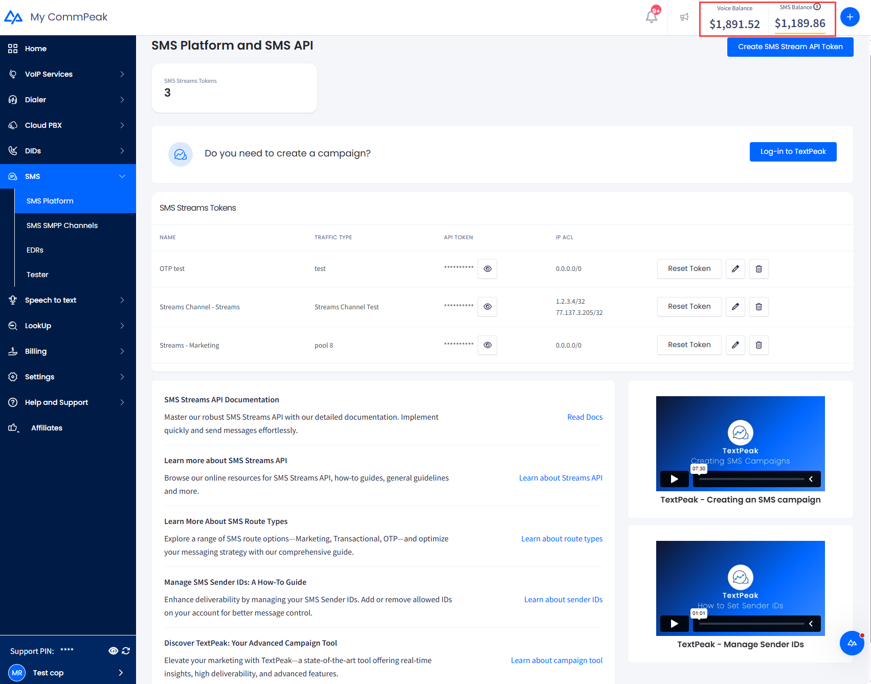 Screenshot of the SMS services Home tab with billing information