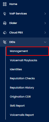 Screenshot of the DIDs > Management tab
