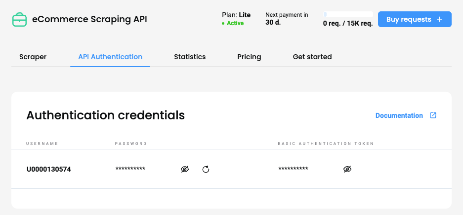 Smartproxy dashboard – the API authentication section.