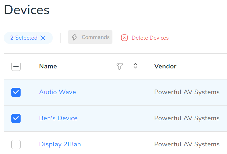 Devices screen showing items with checked checkboxes.