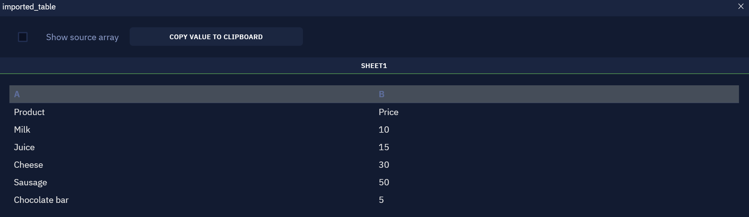 An example of a read Google Sheets table