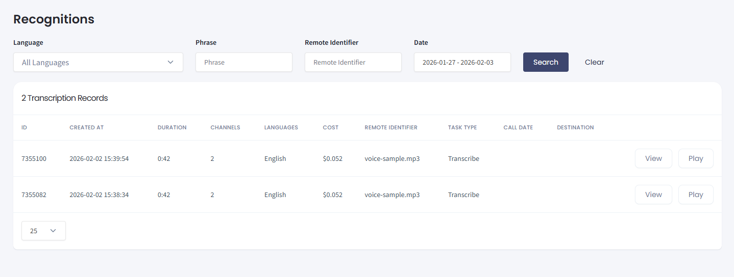 Screenshot of the recognitions list with controls options