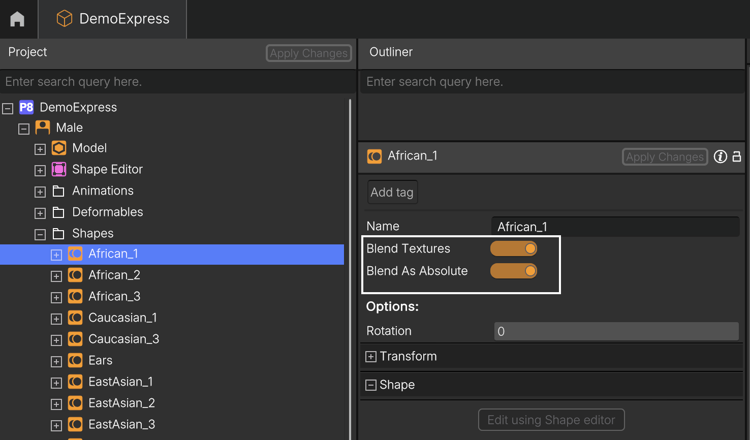 Blend Textures and Is Facial Variation toggles.