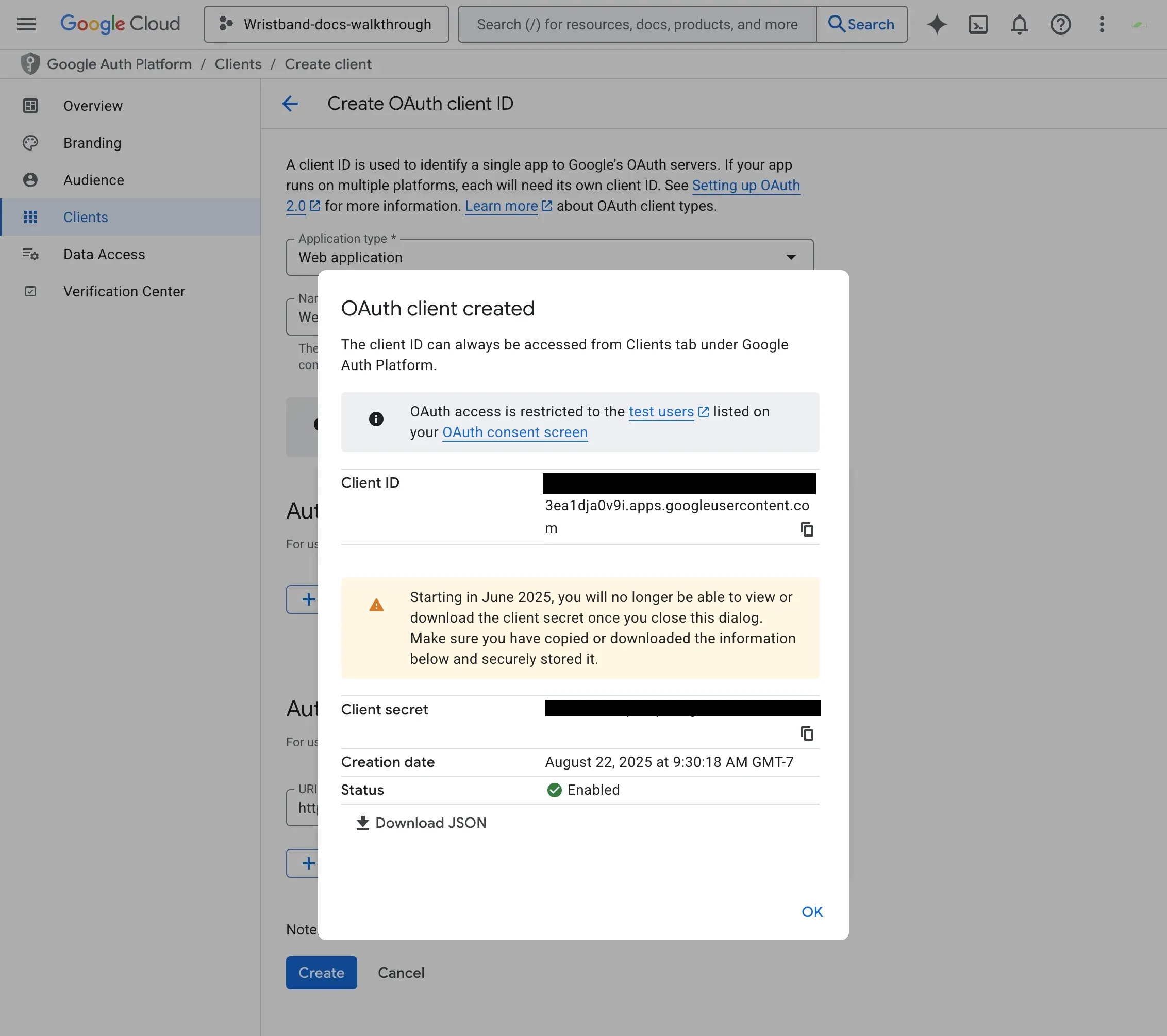 Copy OAuth credentials in Google Cloud Developer Console