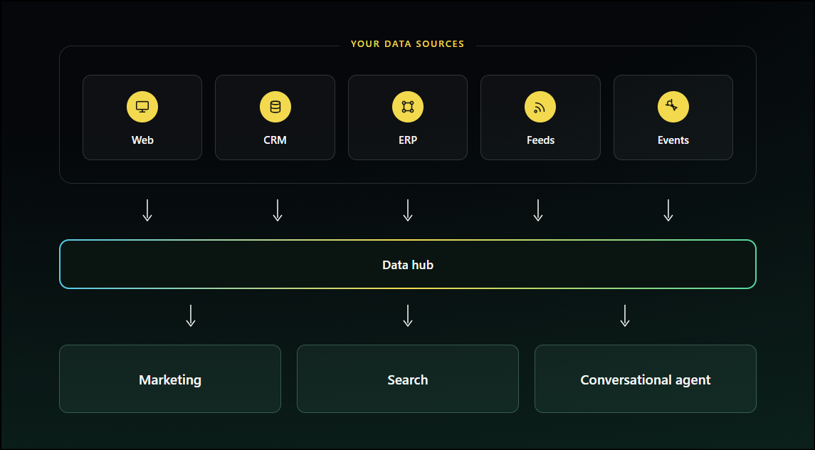 Diagram showing how Data hub connects web, CRM, ERP, feeds, and events to other Bloomreach products.