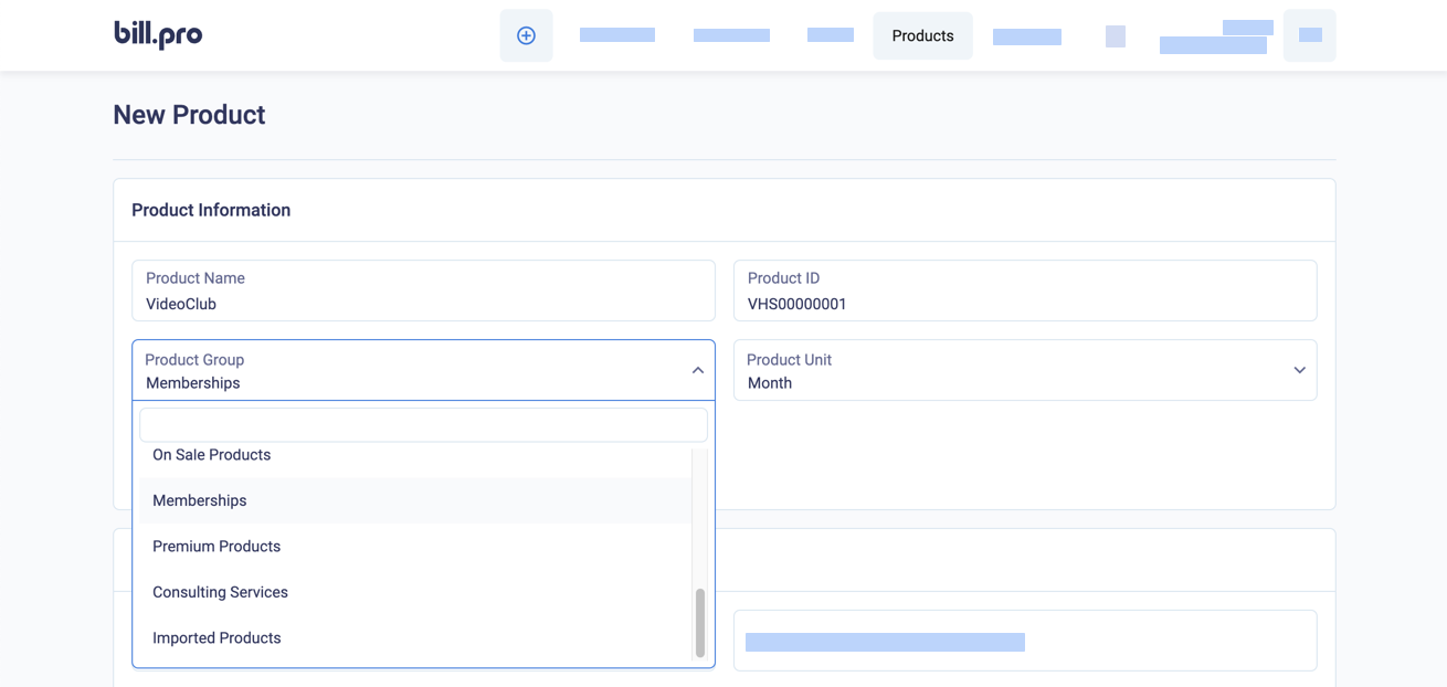 Select a product group and unit