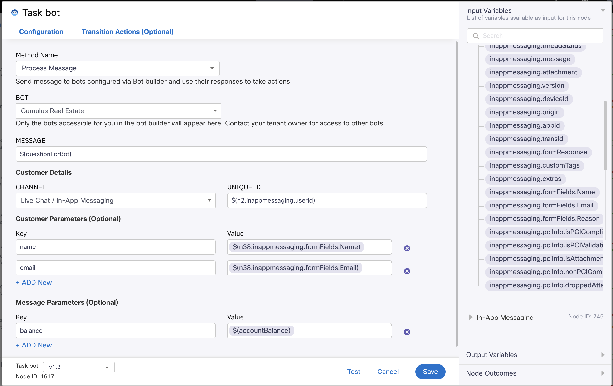 Using Name and Email values collected in pre-chat form and sending them to the bot as Customer Parameters along with balance as Message Parameter