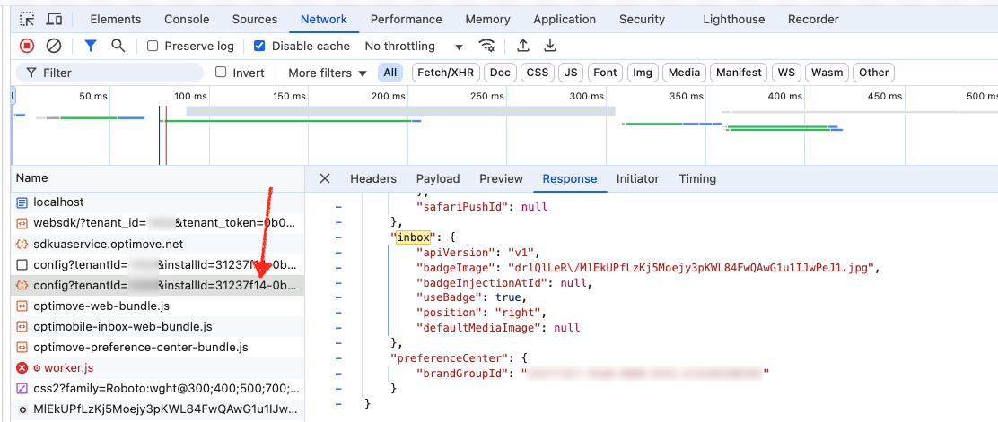 Successful config call returning info about inbox