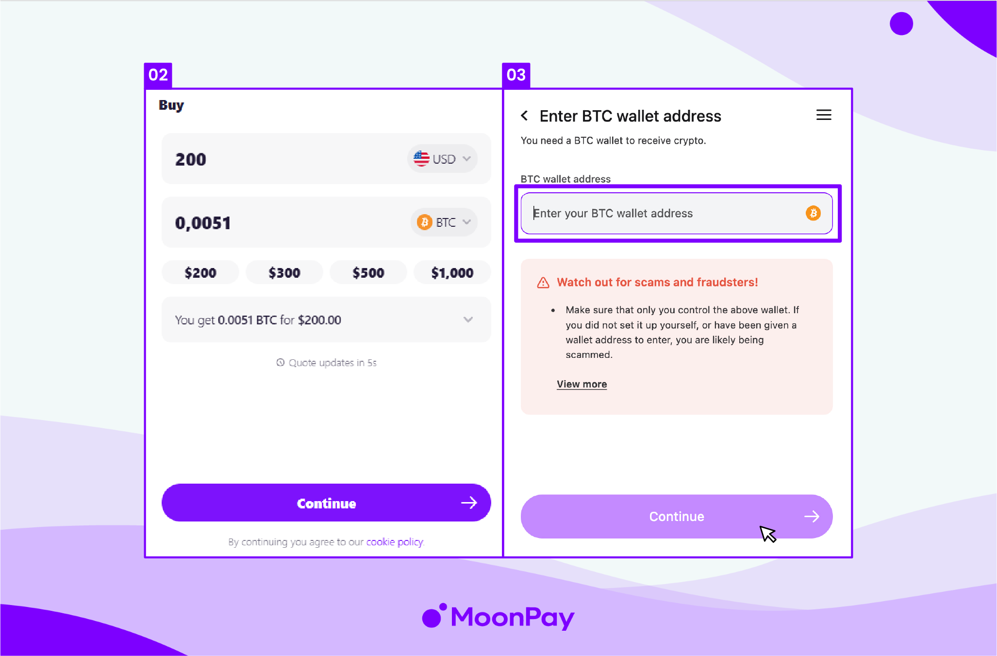 Step 2-3 on how to buy cryptocurrency with MoonPay.
