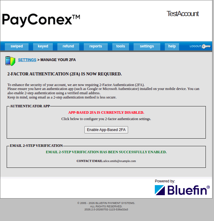 PayConex Portal Email 2-Step Verification Successfully Enabled