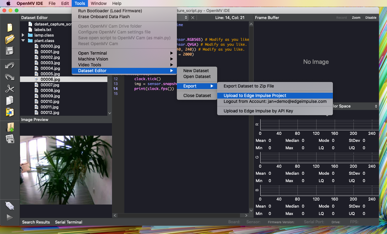 upload.png Synchronize your dataset with Edge Impulse straight from the OpenMV IDE