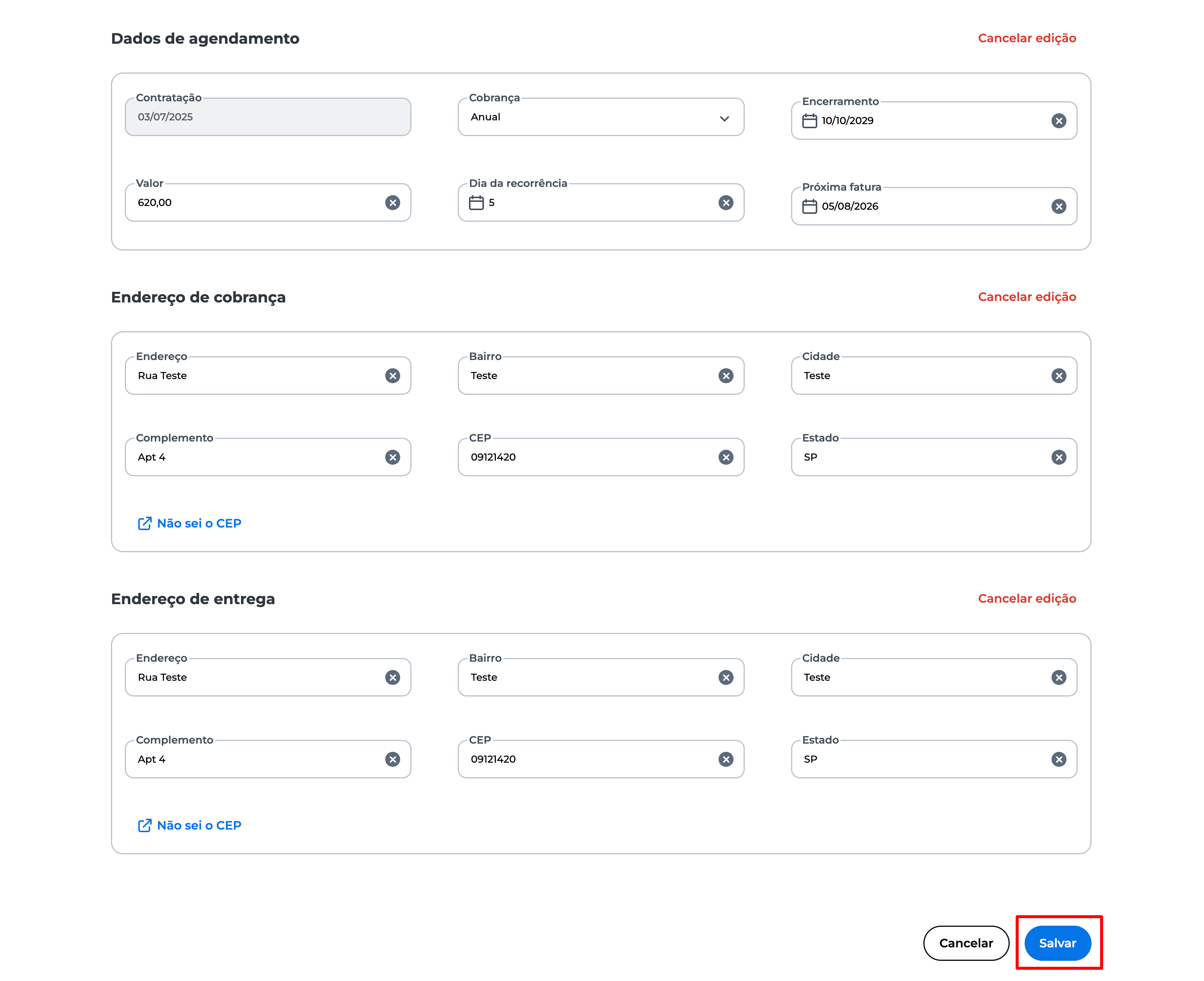 Tela de edição de recorrência no Portal E-commerce da Cielo, exibindo campos para alterar dados de agendamento, endereço de cobrança e endereço de entrega, com botão "Salvar" destacado.