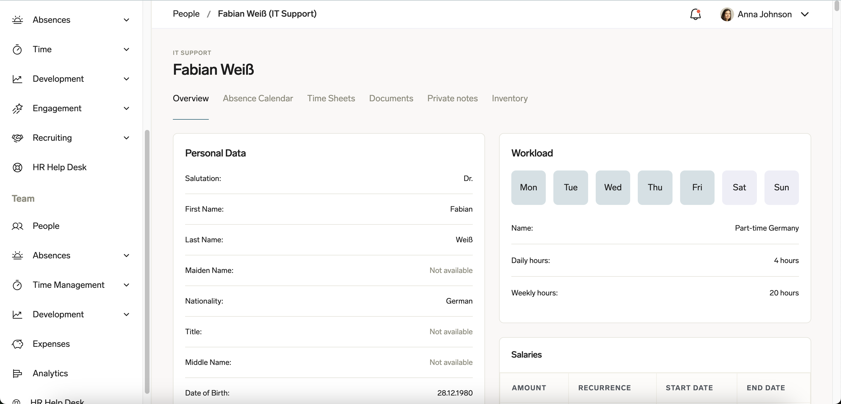 An example of the manager view of employee data