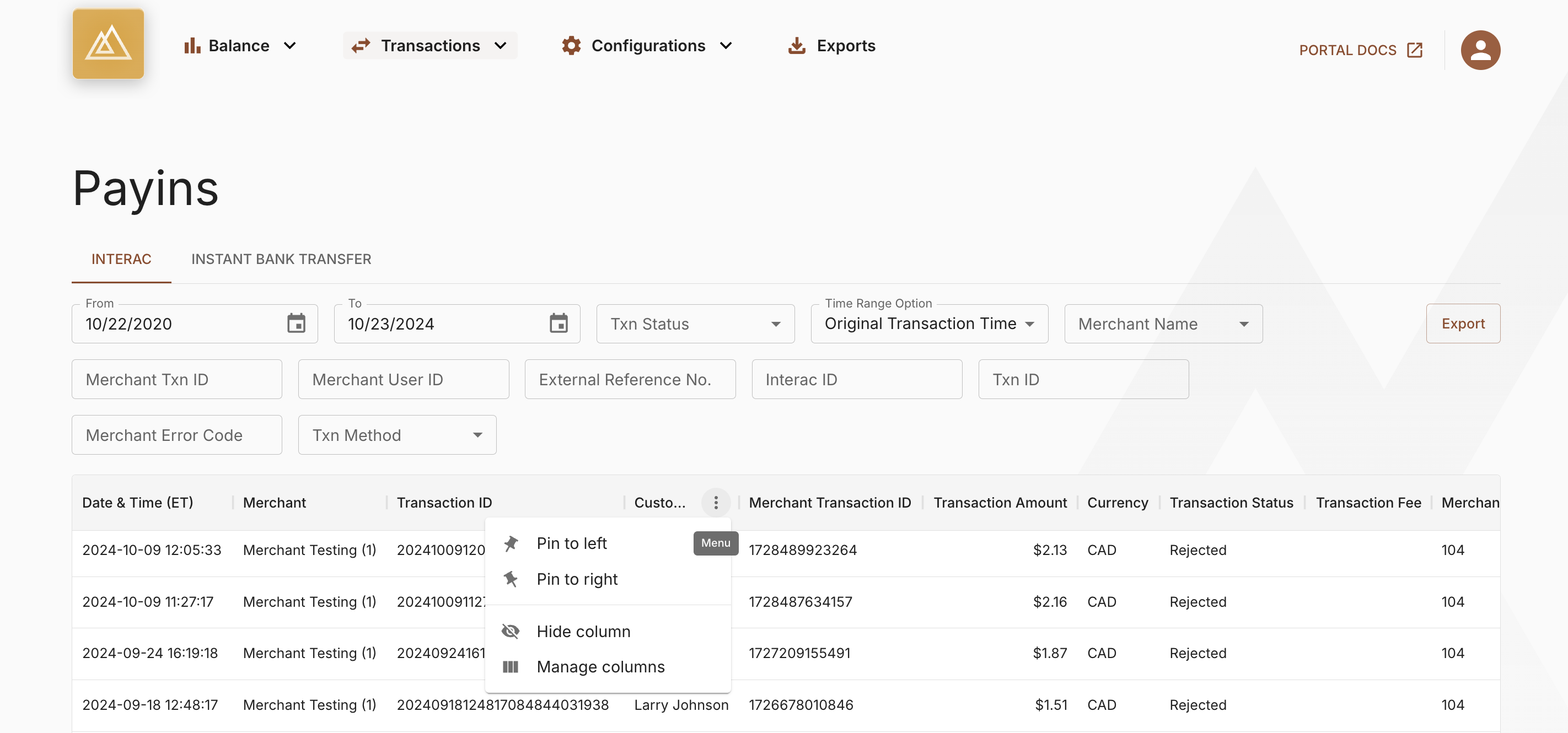 Pin Selected Columns Using the Header Menu Item