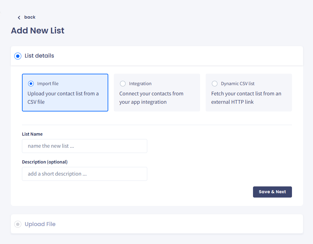 Screenshot of the Add New List dialog with import method options