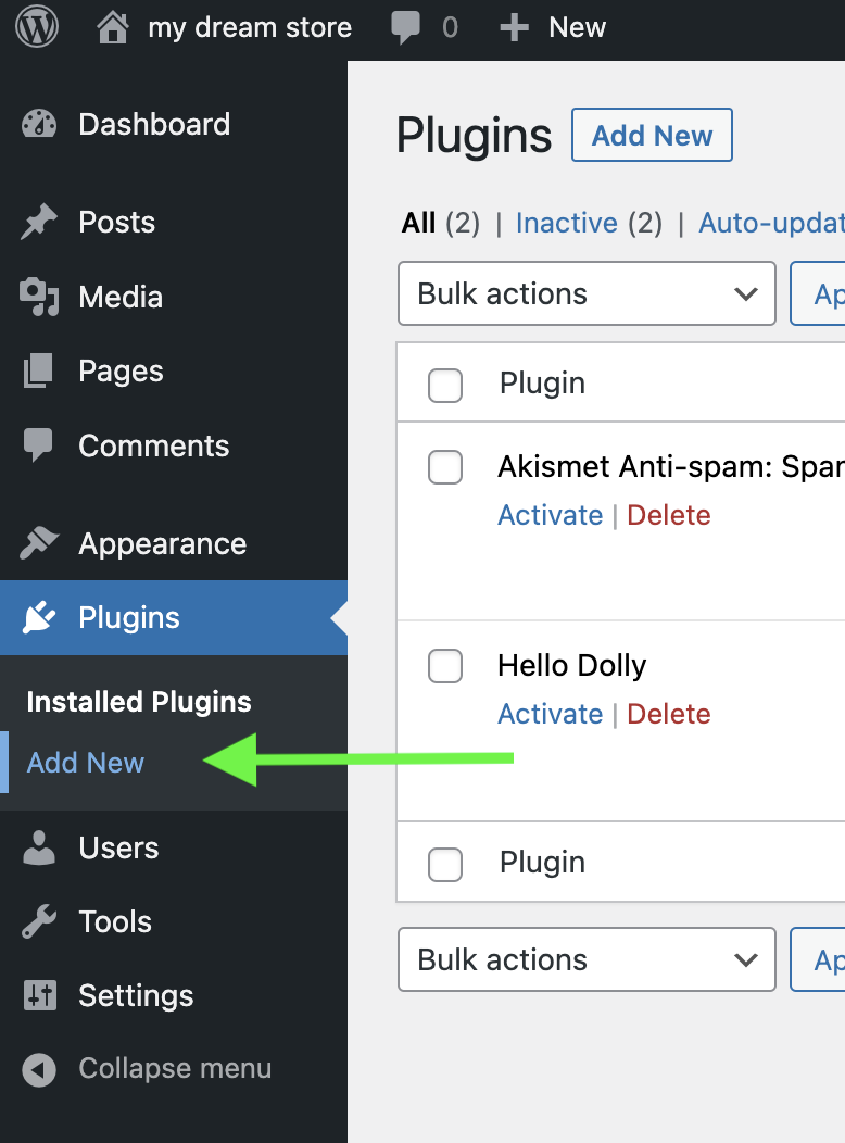 Navigate to the menu and click 'Plugins,' then select 'Add New.'