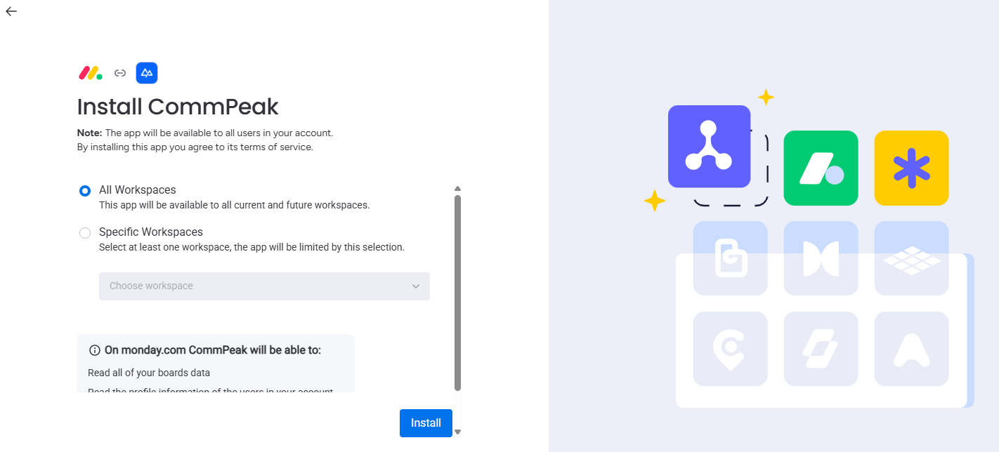 Screenshot of the workspaces selection