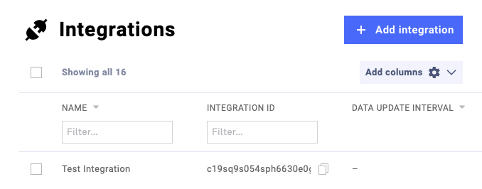 The `+Add integration` button is available in the admin panel.