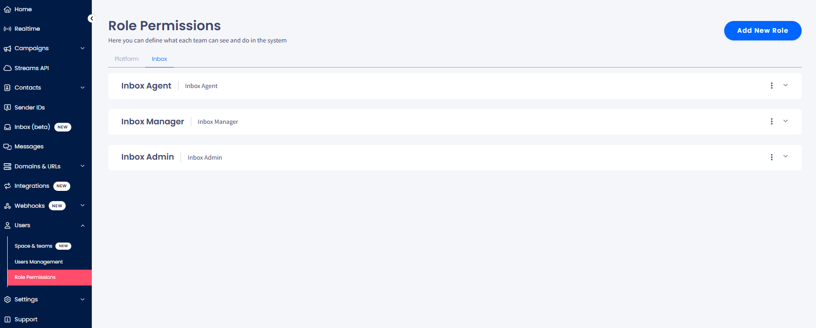 Screenshot of the 'Role Permissions' page with the inbox role permissions: 'Inbox Agent', 'Inbox Manager', 'Inbox Admin' and the 'Add New Role' button.