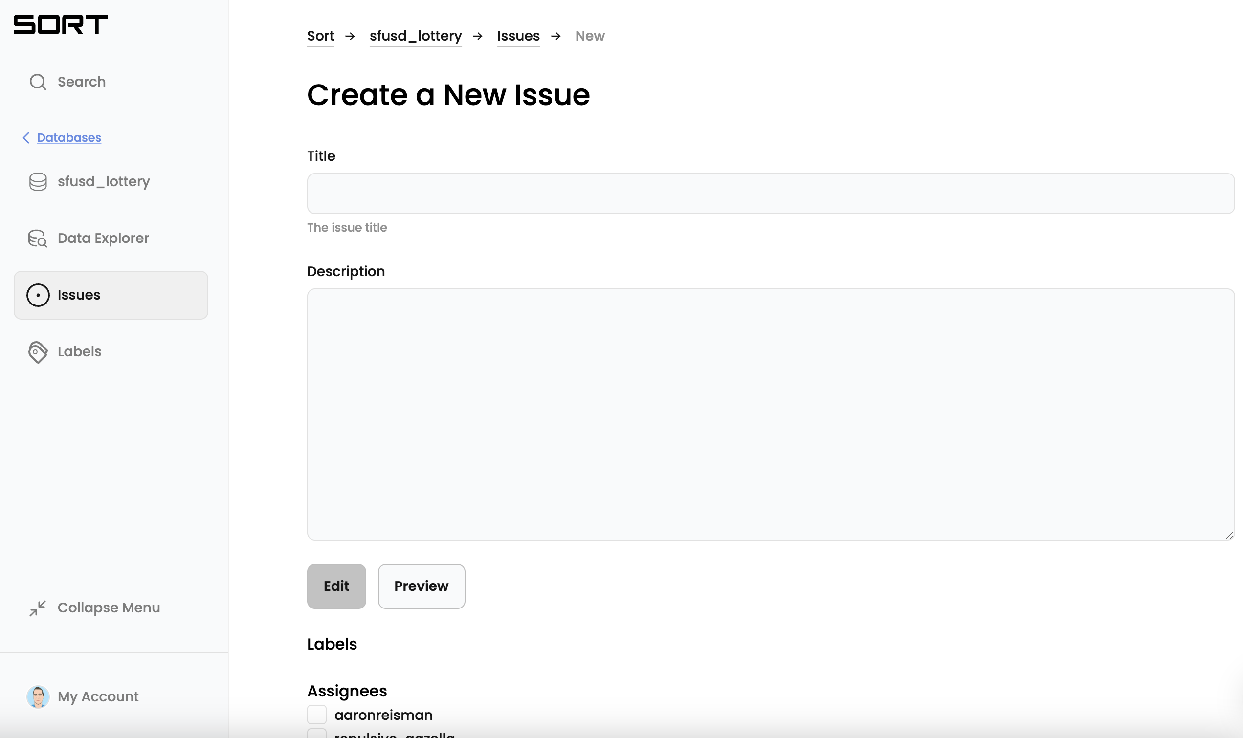Create issue screen