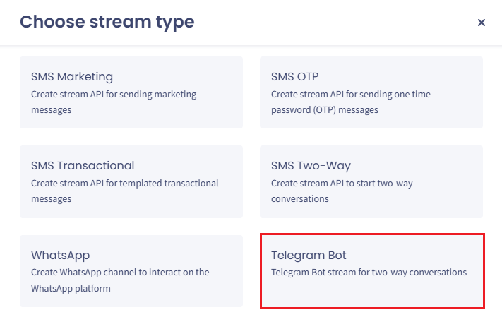 Screenshot with choosing stream type with Telegram type highlighted