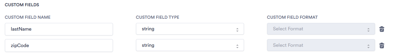 Custom Fields section of the General tab with three fields showing Name, Type, and Format inputs and a delete icon per row.