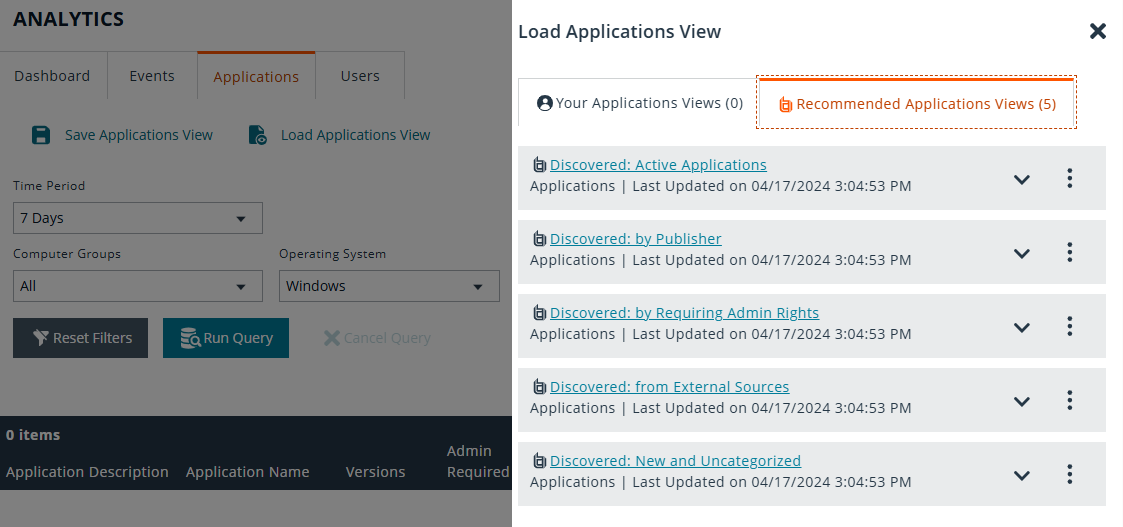 Application Recommended Views panel