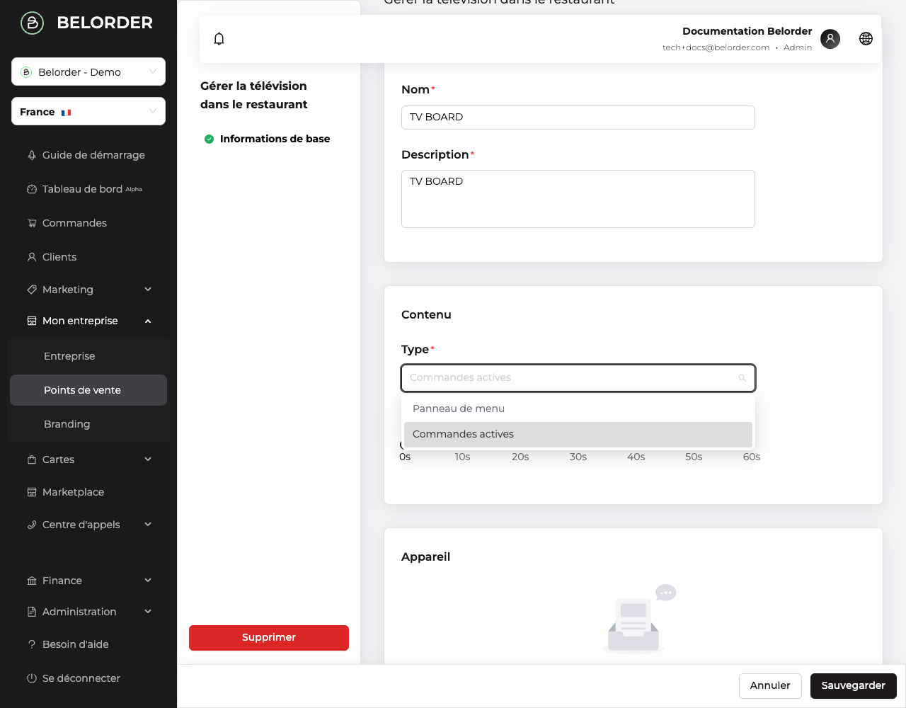 Fiche d'un téléviseur : le champ Type ouvert montrant les deux modes, Commandes actives et Panneau de menu