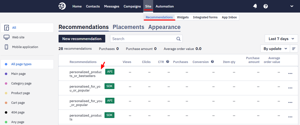 Recommendations list with an arrow pointing to a recommendation row