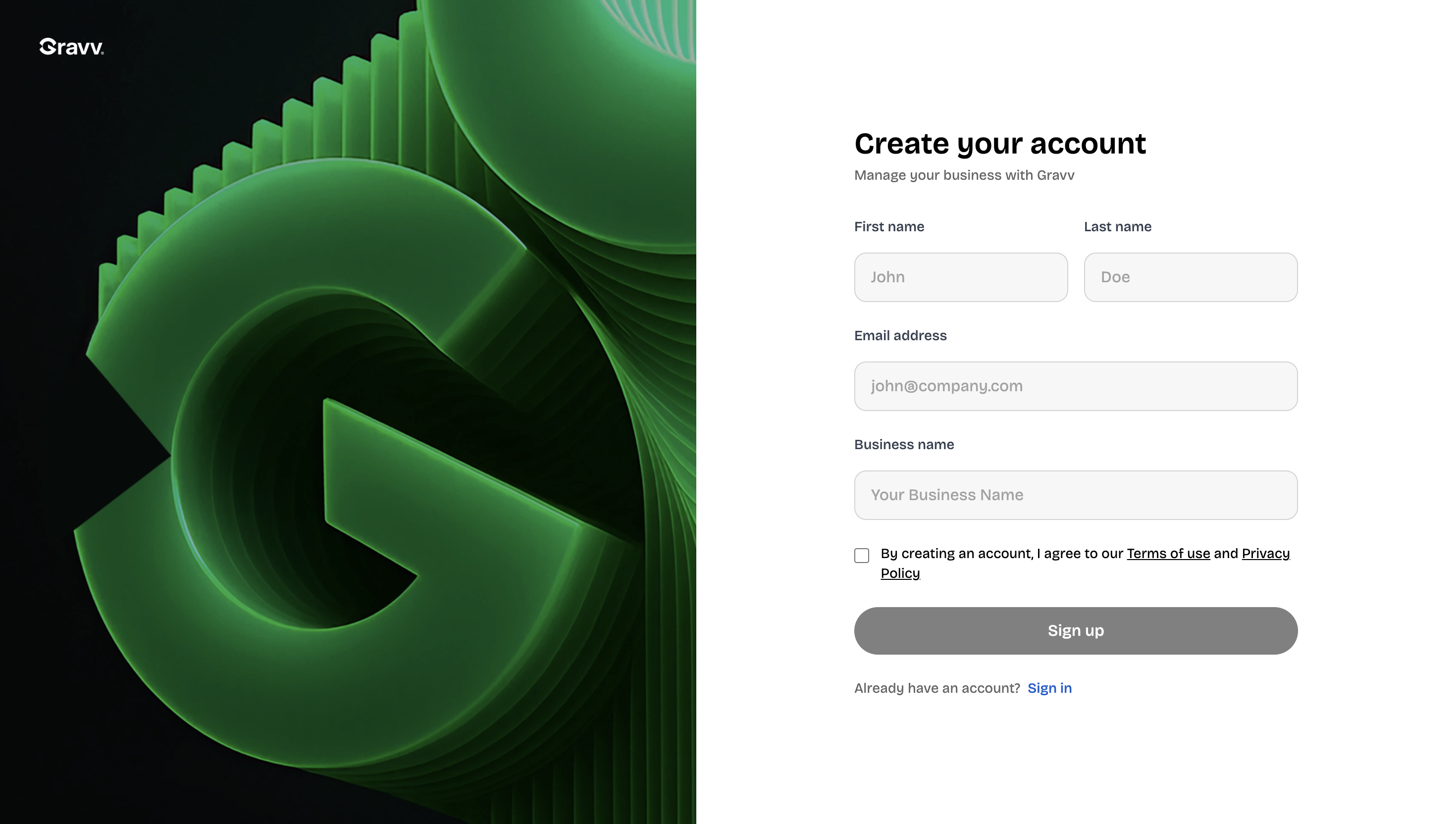 The register page of Gravv