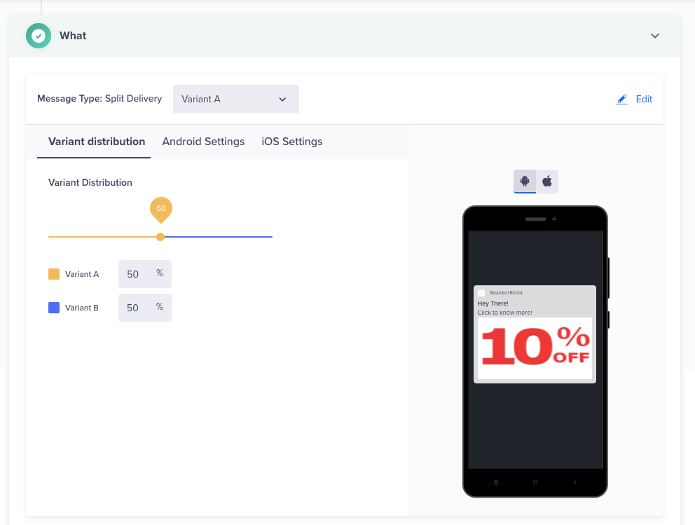 Screen shows split Delivery Variant Distribution and message preview