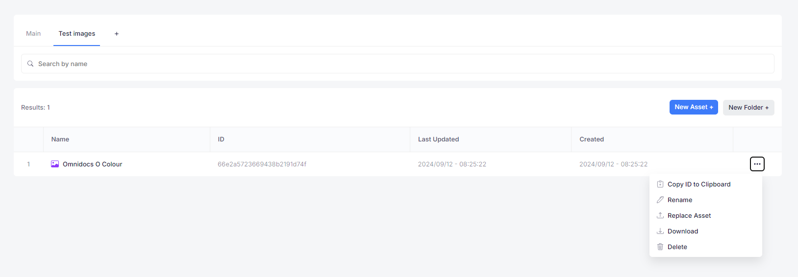 An asset content source showing asset options and properties.