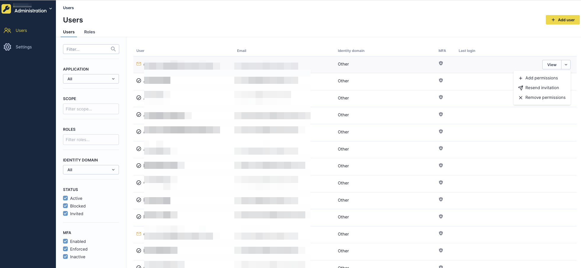 User management interface showing list of users with columns for name, email, permissions count, MFA status, and last login date, with filter options on the left sidebar