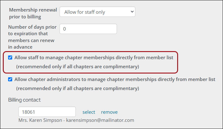 Enabling the allow staff to manage chapter memberships directly from member list setting