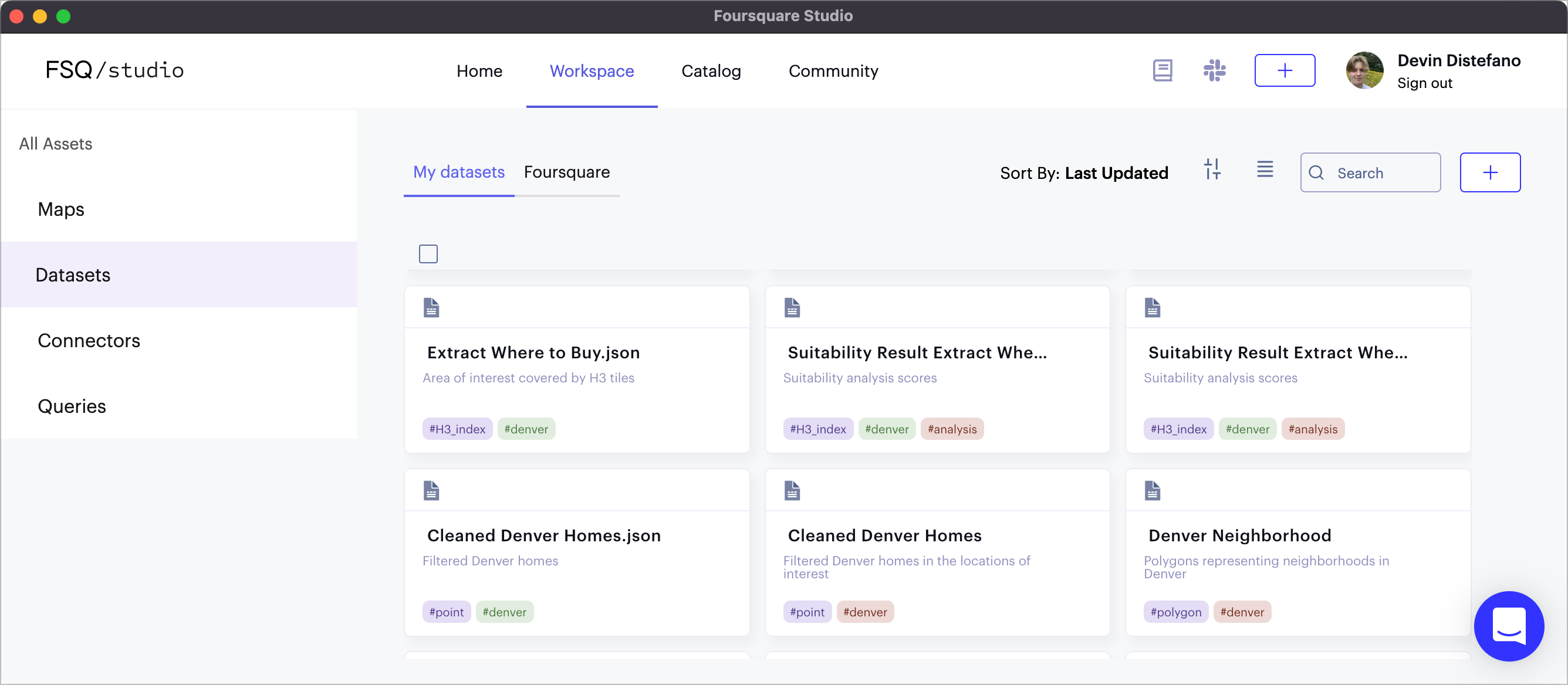 The Datasets section of the Workspace.