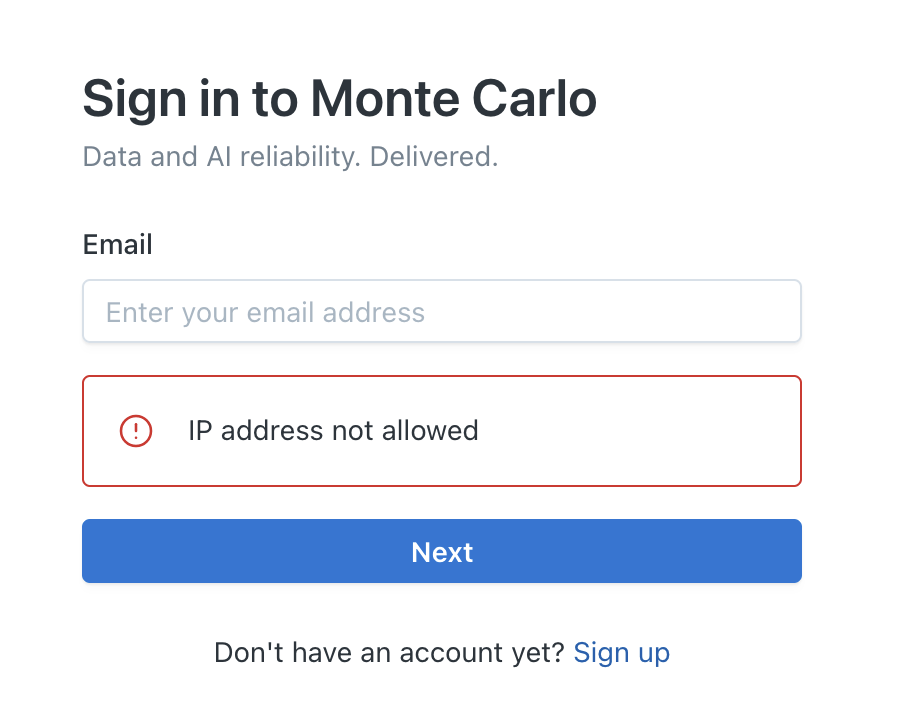 Login page showing IP address not allowed error