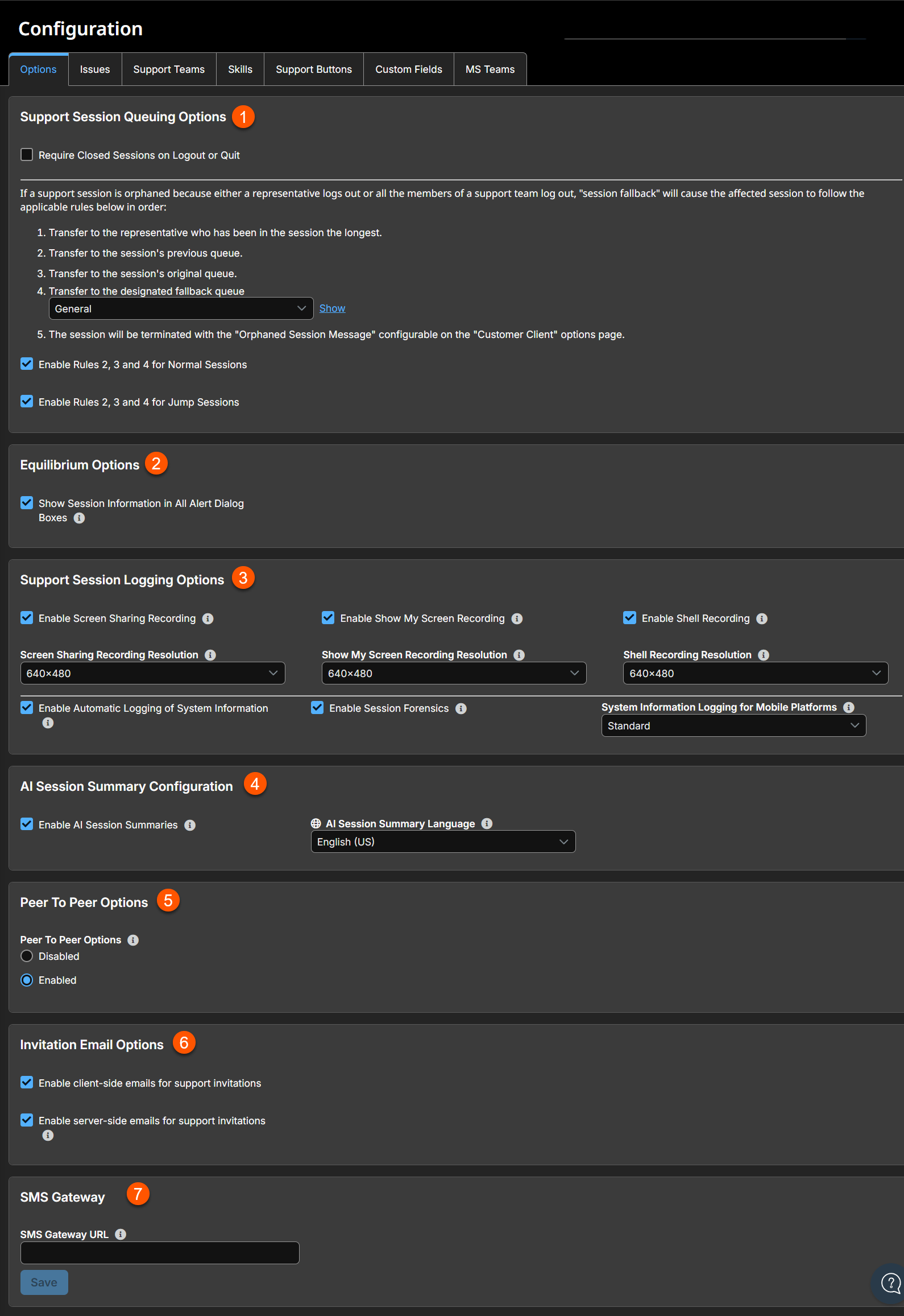 Main Configuration page for Remote Support.