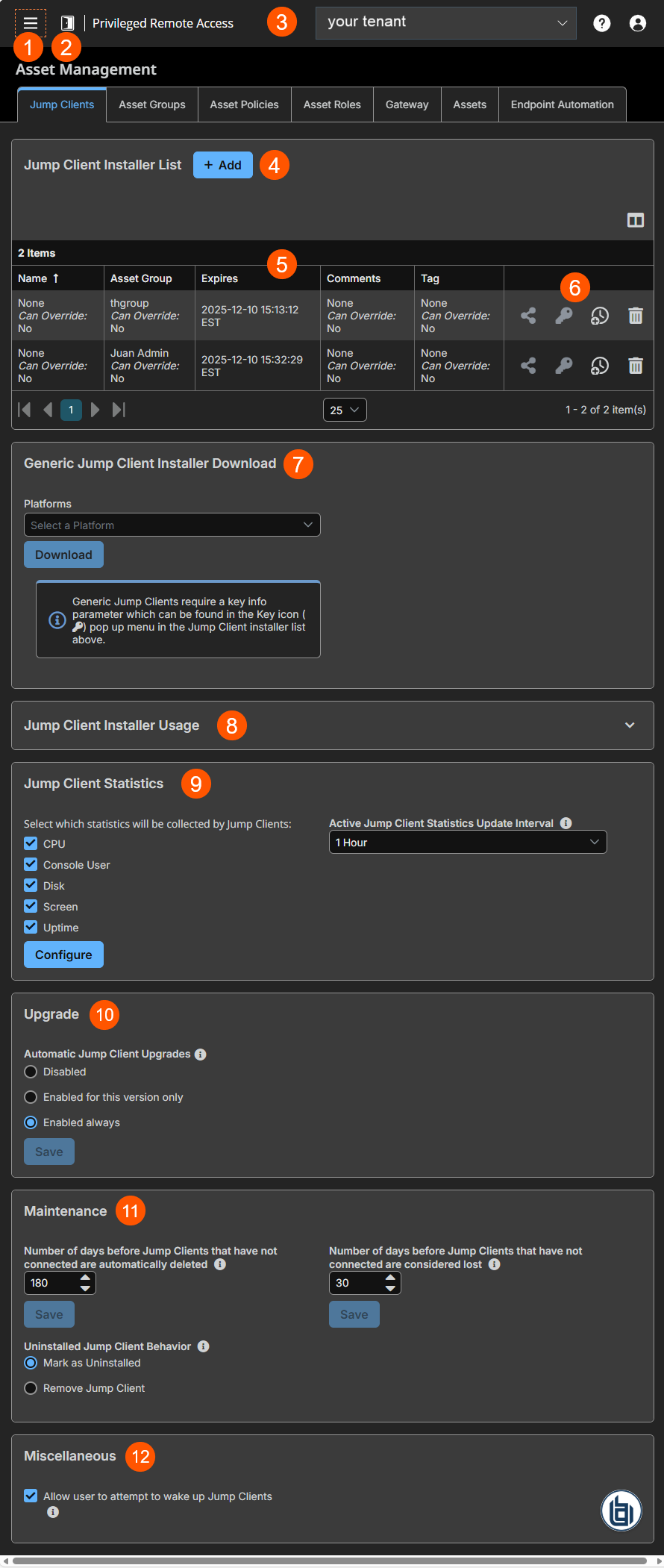 An image of the Jump Client Installer List interface in a remote access management software. The interface includes sections for adding and managing Jump Clients, downloading generic installers, configuring usage statistics, upgrading clients, maintaining inactive clients, and miscellaneous settings.