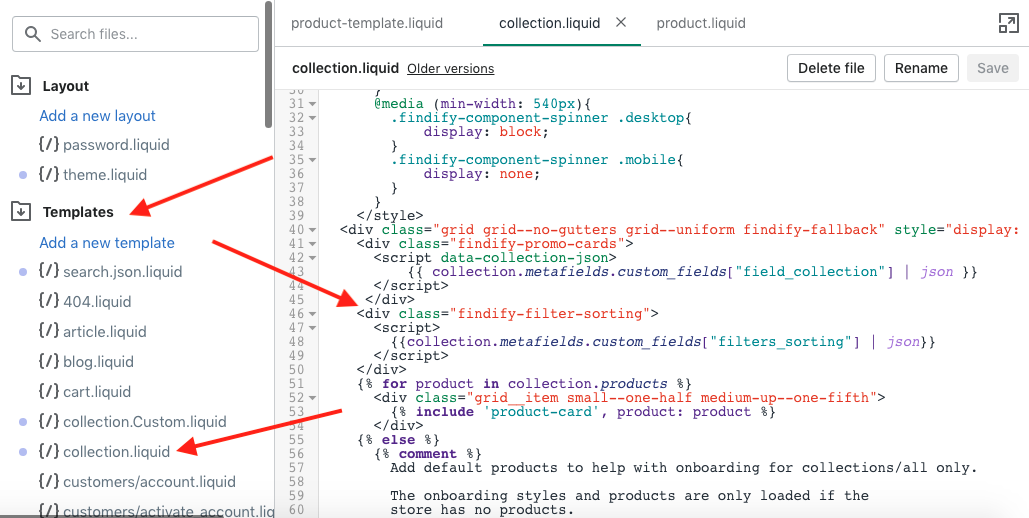 Example of required code added into the findify-fallback container in 'collection.liquid'.