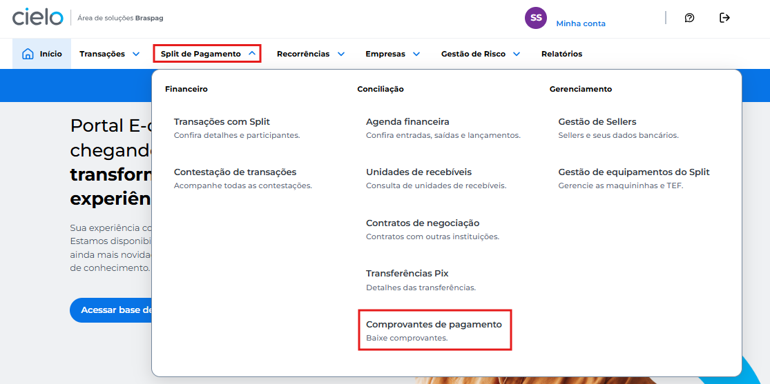 Navegue até o menu “Financeiro” e selecione o submenu “Comprovantes de pagamento” para acessar a tela correspondente