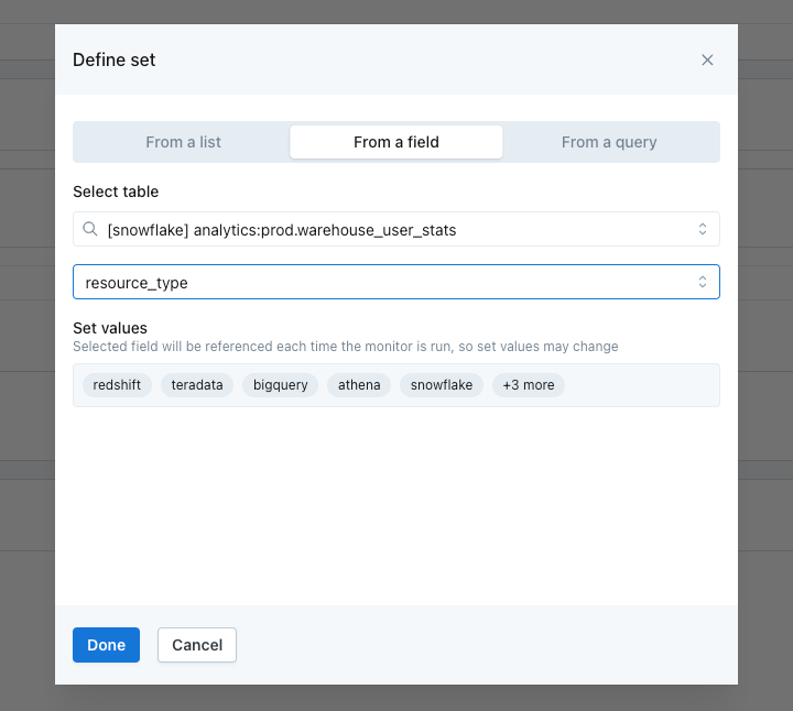 Options to define a set from a list, from a field, or from a query