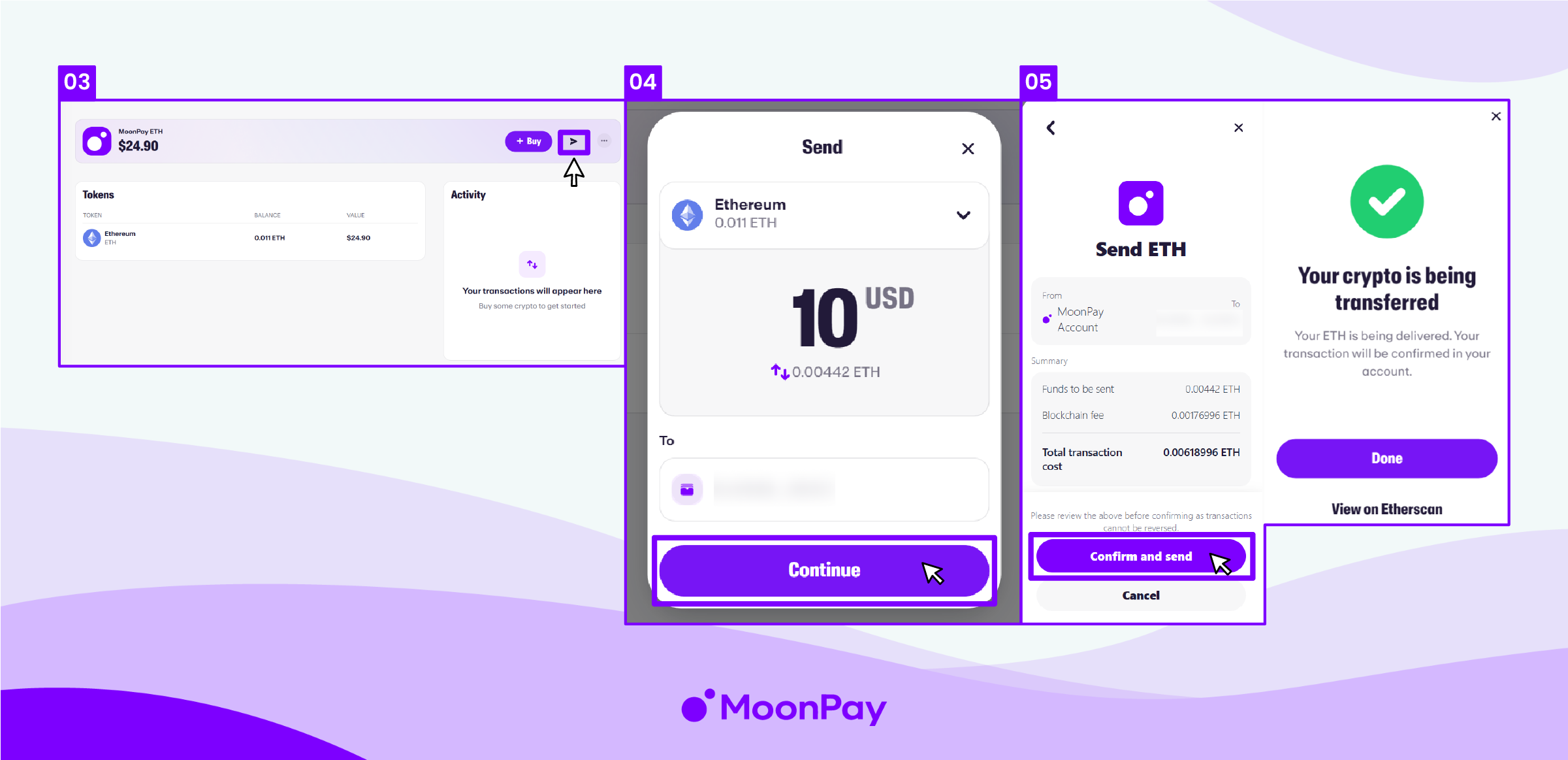 Steps 3-5 on MoonPay's website on how to send crypto.