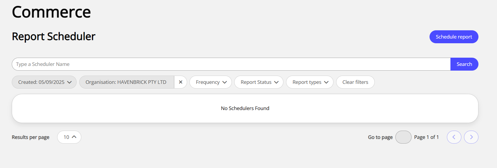 The report scheduler page in the dashboard